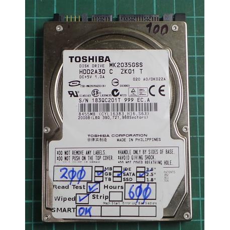 USED, Hard Disk, TOSHIBA, MK2035GSS, HDD2A30 C ZK01 T, Laptop, SATA, 200GB