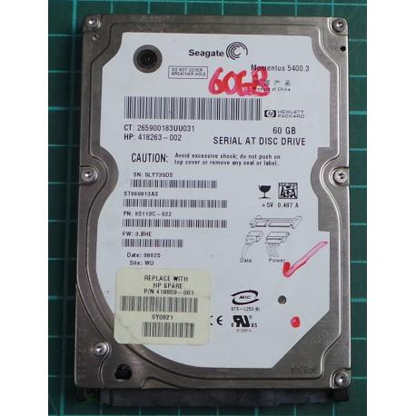 USED, Hard Disk, Seagate, Momentus 5400.3, ST960813AS, P/N: 9S113C-022, Firmware: 3.BHE, Laptop, SATA, 60GB