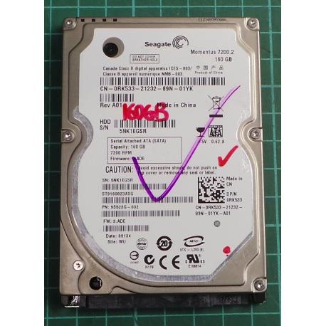 USED, Hard Disk, Seagate, Momentus 7200.2, ST9160823ASG, P/N: 9S523G-032, Firmware: 3.ADE, Laptop, SATA, 160GB