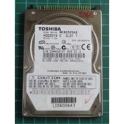 USED, Hard Disk, TOSHIBA, MK8032GAX, HDD2D15 C ZL01 T, Laptop, IDE, 80GB