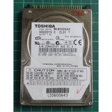 USED, Hard Disk, TOSHIBA, MK8032GAX, HDD2D15 C ZL01 T, Laptop, IDE, 80GB