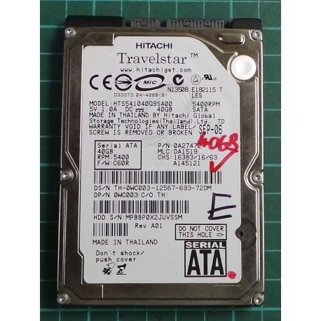USED, Hard Disk, HITACHI, HTS541040G9SA00, P/N: 0A27472, Laptop, SATA, 40GB