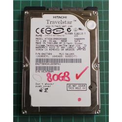 USED, Hard Disk, HITACHI, HTS541080G9SA00, P/N: 0A27304, Laptop, SATA, 80GB