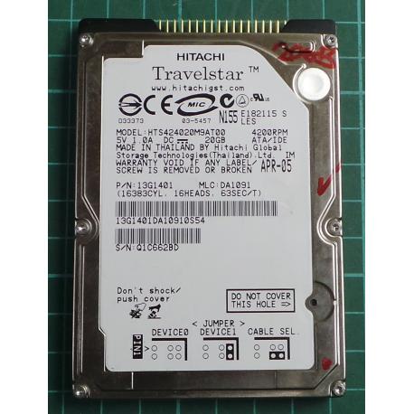 USED, Hard Disk, HITACHI, HTS424020M9T00, P/N: 13G1401, Laptop, IDE, 20GB