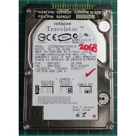USED, Hard Disk, HITACHI, IC25N020ATCS04-0, P/N: 08K1087, Laptop, IDE, 20GB
