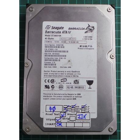 USED, Hard Disk, Barracuda ATA IV, ST340016A, Seagate, P/N: 9T6002-103, Firmware: 3.75, Config: SUW-03, Desktop, IDE, 40GB