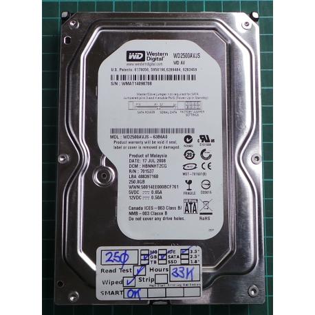 USED, Hard Disk, WD2500AVJS, WD AV, WD2500AVJS-63B6A0, Desktop, SATA, 250GB