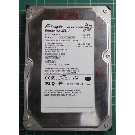 USED, Hard Disk, Barracuda ATA IV, ST360021A, Seagate, P/N: 9T6001-003, Firmware: 3.19, Desktop, IDE, 60GB