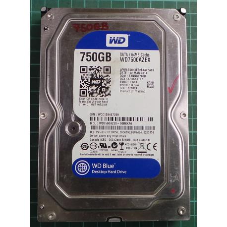 USED, Hard Disk, WD7500AZEX, WD Caviar, WD7500AZEX-00RKKA0, Desktop, SATA, 750GB
