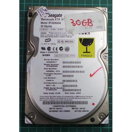 USED, Hard Disk, Barracuda ATA III, ST330620A, Seagate, P/N: 9R3003-076, Firmware: 3.28, Config: AEU-02, Desktop, IDE, 30GB