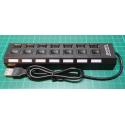 7 Port Powered USB HUB with individual On/Off Switches, Black