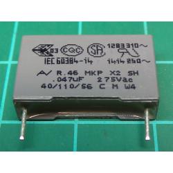 Capacitor, 47nF, 275V, Polyester Film, Cropped Legs
